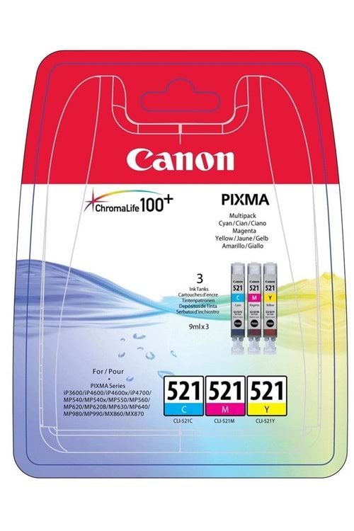 Canon CLI-521 Cyan-Magenta-Yellow Mavi-Kırmızı-Sarı 3'lü Multipack Mürekkep Kartuş